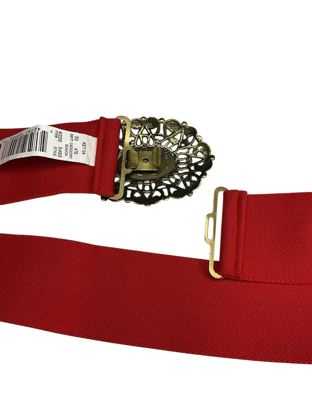 Kmart Red Stretch Waist Belt Antique Gold Filigree Buckle M/L Vintage